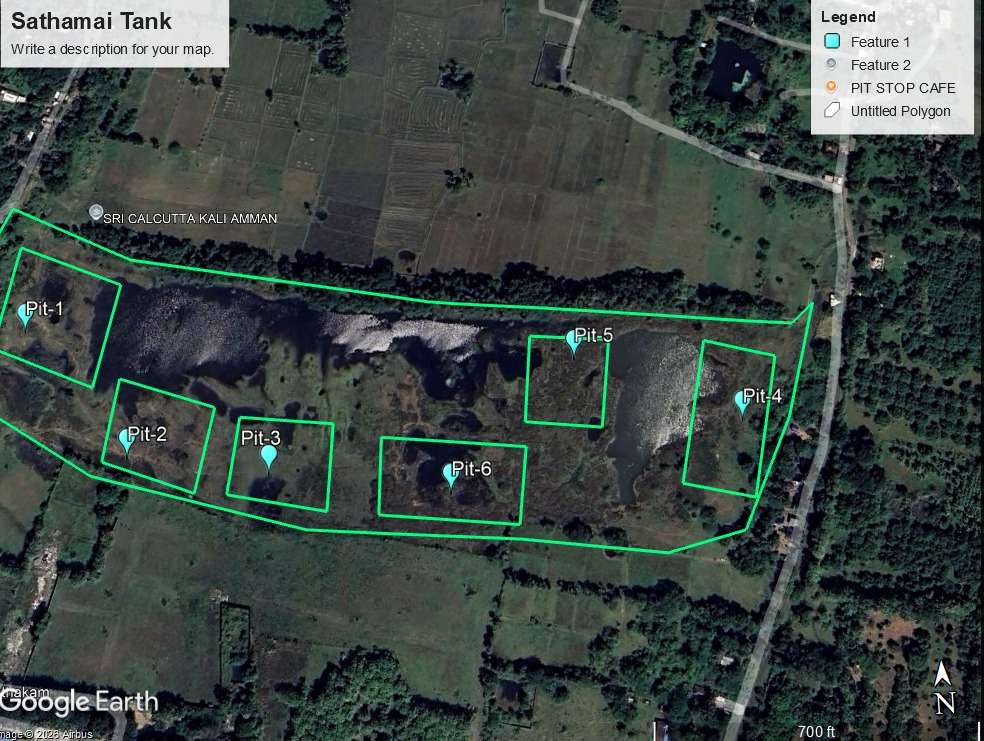 Satellite survey map with proposed desilting pits — Sathamai Tank