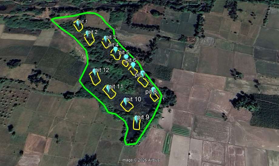 Satellite survey map with proposed desilting pits — Kosaravakkam Eri