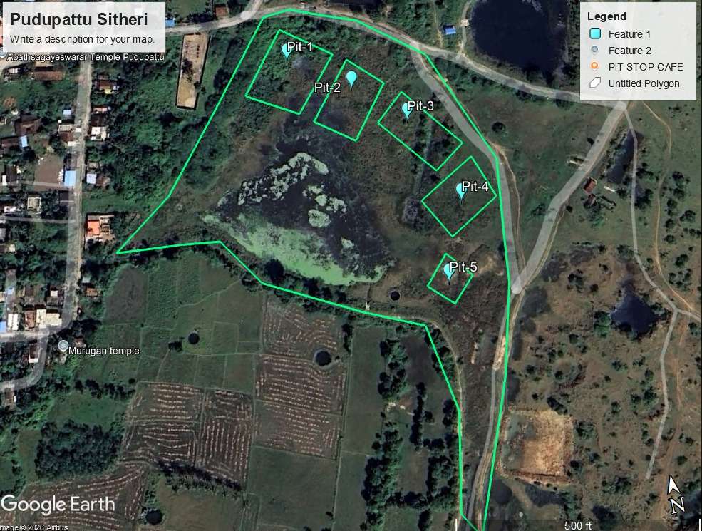 Satellite survey map with proposed desilting pits — Pudupattu Sitheri