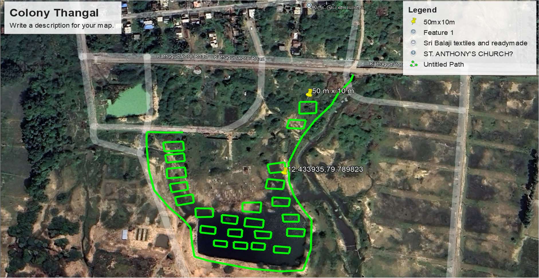 Satellite survey map with proposed desilting pits — Colony Thangal