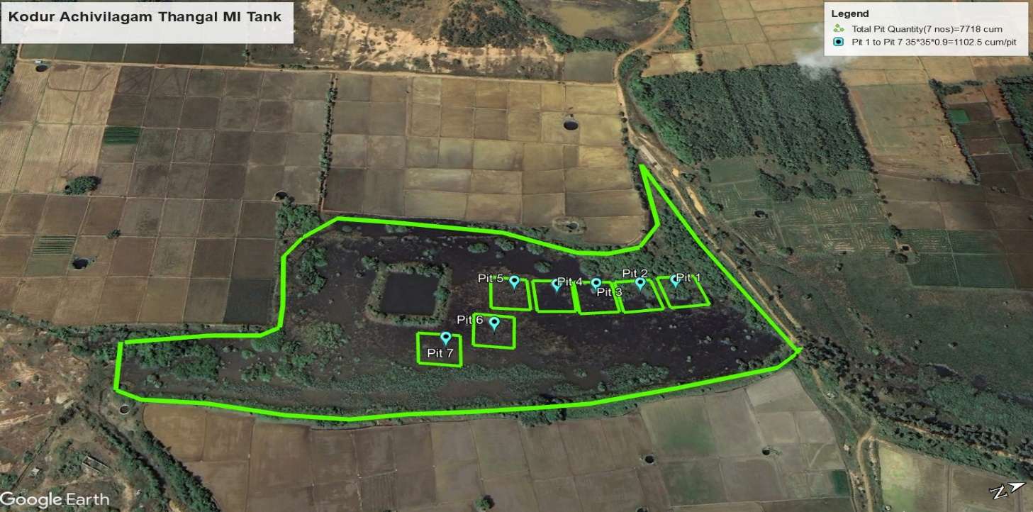 Satellite survey map with proposed desilting pits — Achivilagam Thangal