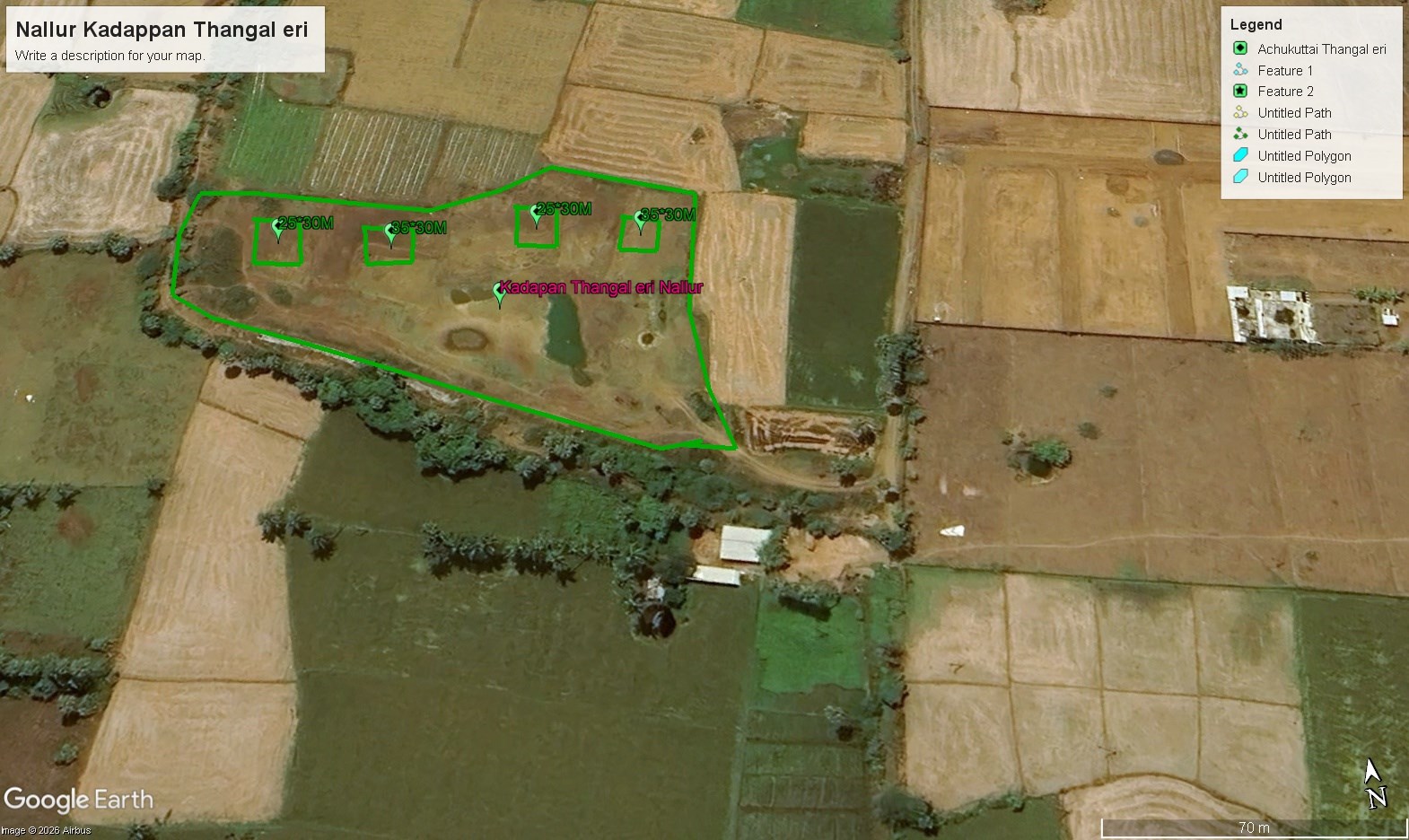 Satellite survey map with proposed desilting pits — Kadappan Thangal Eri