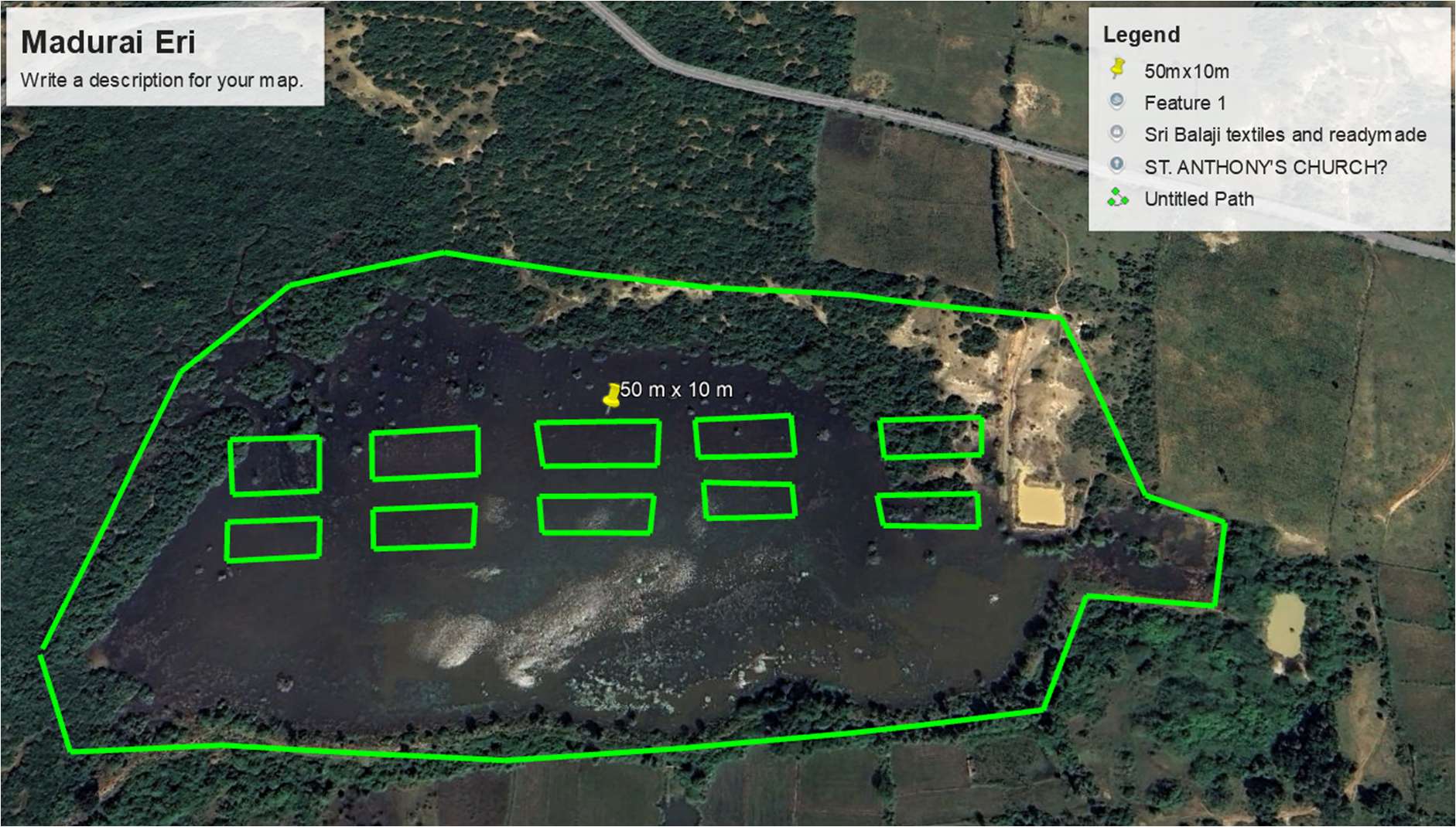 Satellite survey map with proposed desilting pits — Madurai Eri