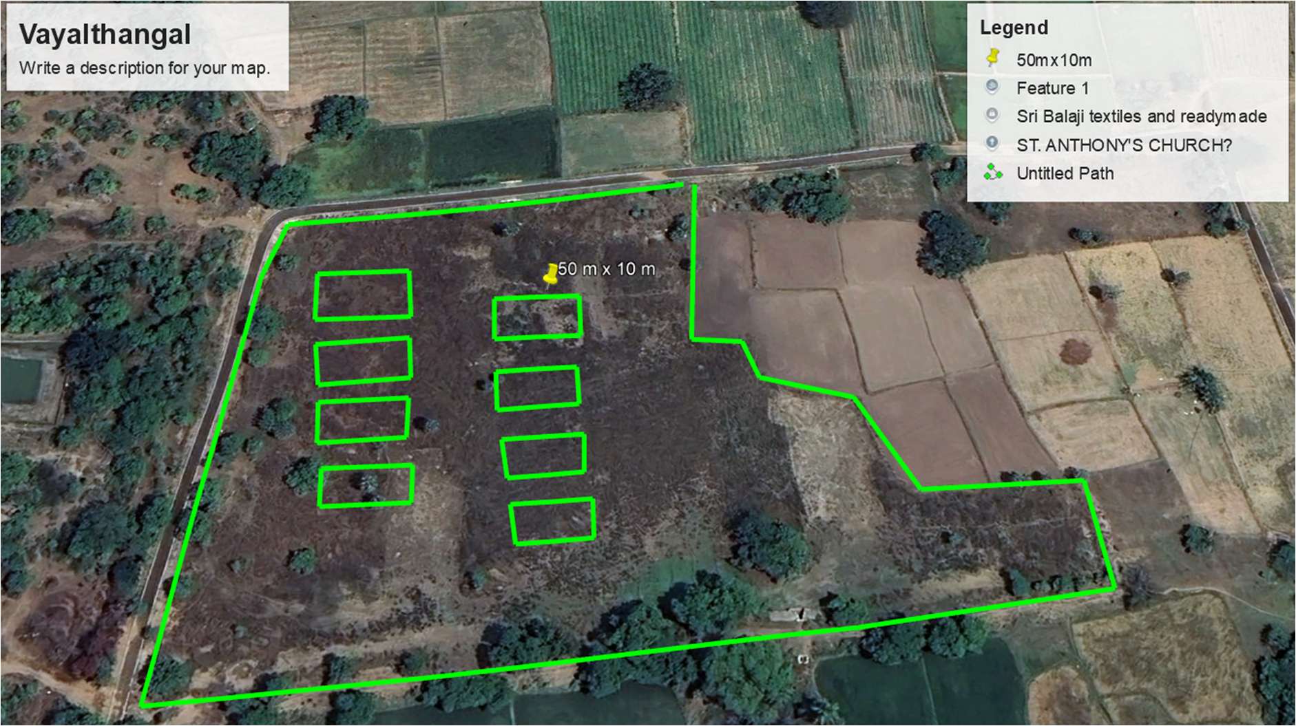 Satellite survey map with proposed desilting pits — Thinnalur Vayal Thangal