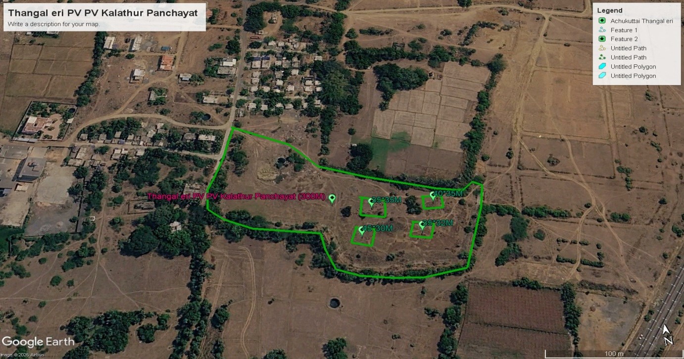 Satellite survey map with proposed desilting pits — Thangal Eri (Thiruvanai Kovil)
