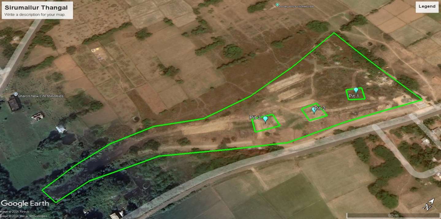 Satellite survey map with proposed desilting pits — Sirumailur Thangal