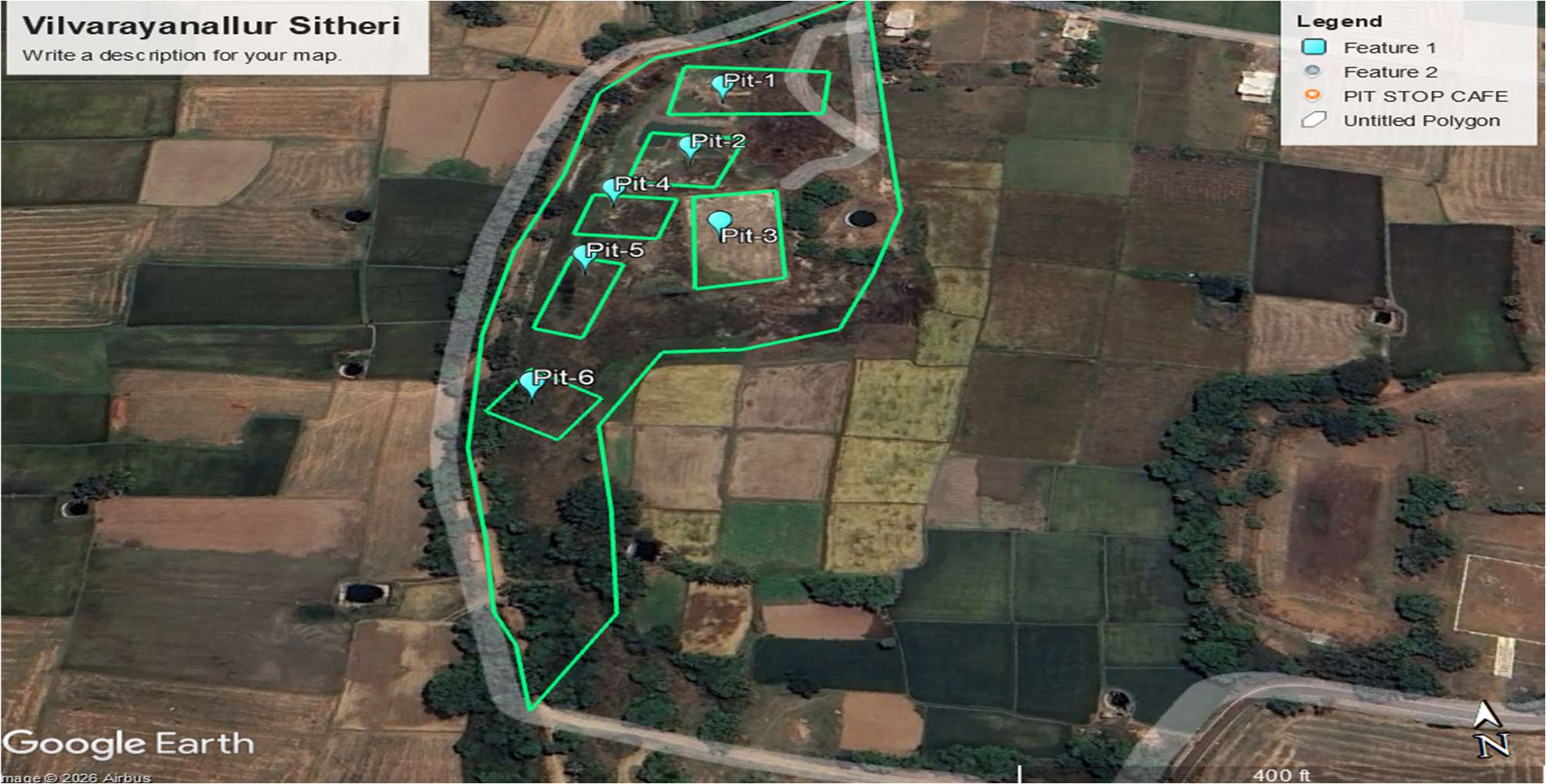 Satellite survey map with proposed desilting pits — Vilvarayanallur Sitheri