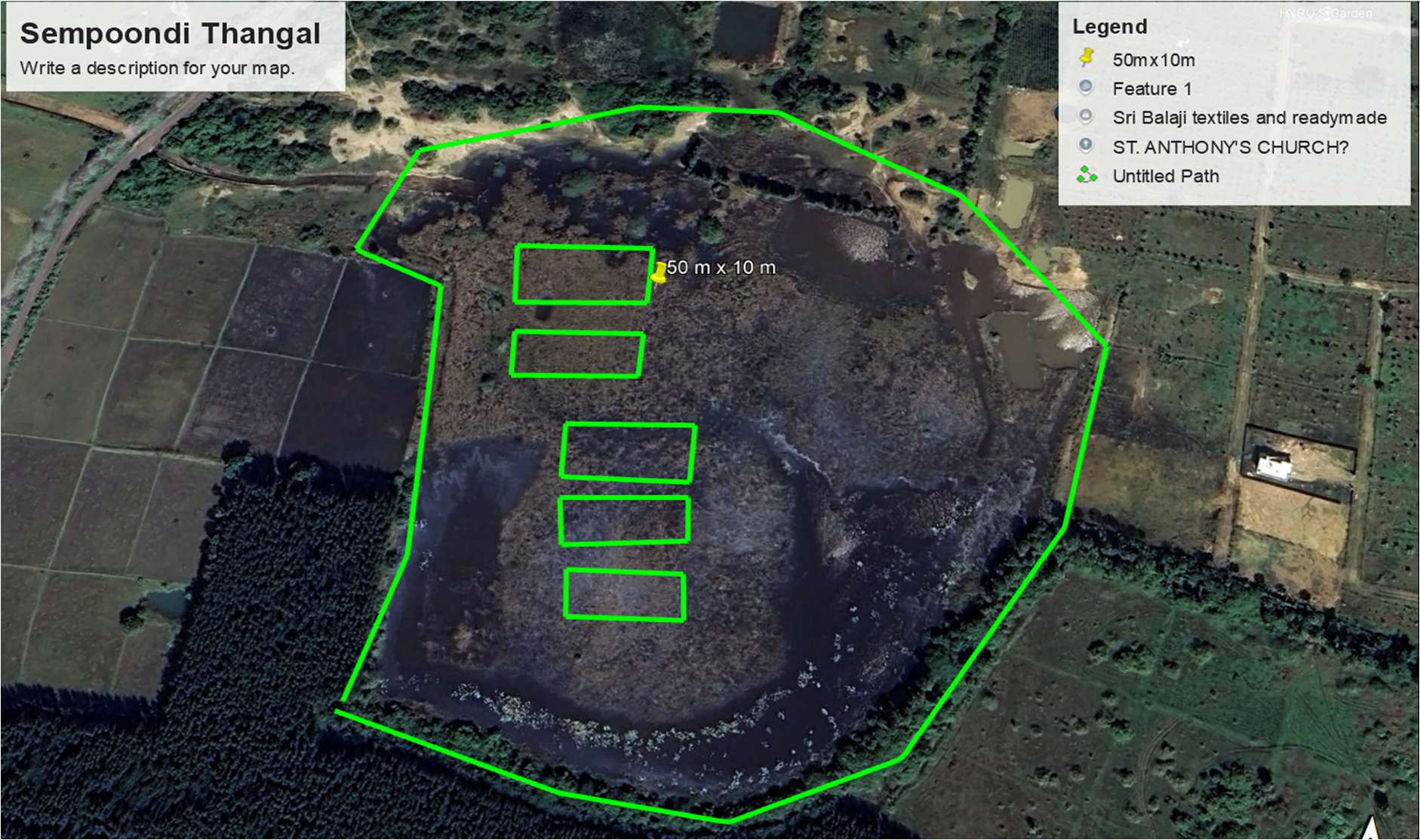 Satellite survey map with proposed desilting pits — Sempoondi Thangal