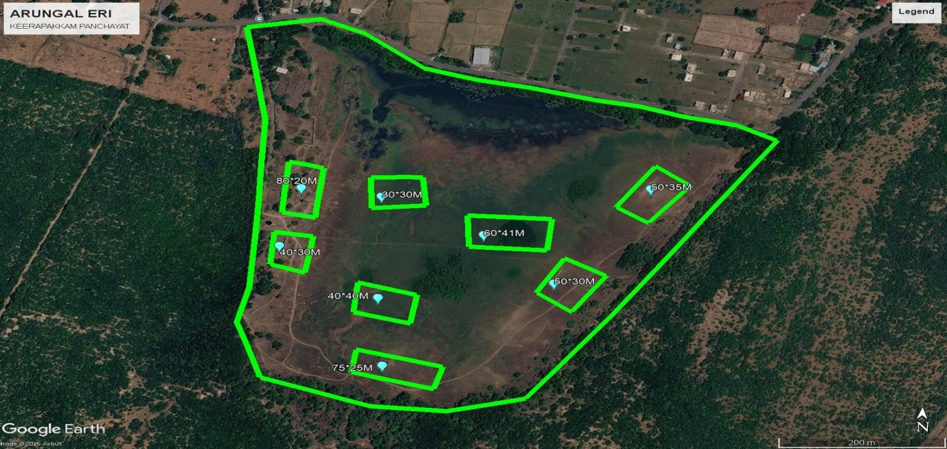 Satellite survey map with proposed desilting pits — Arungal Eri