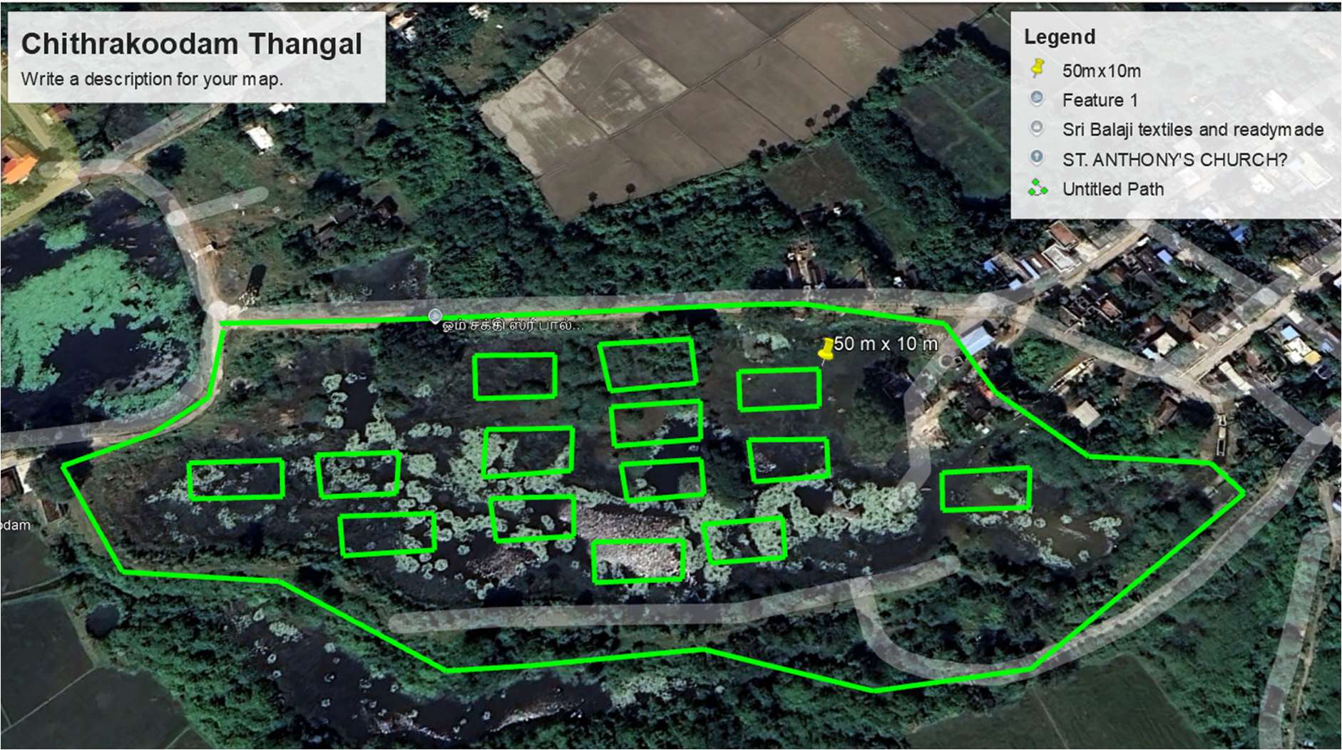 Satellite survey map with proposed desilting pits — Chitrakoodam Thangal