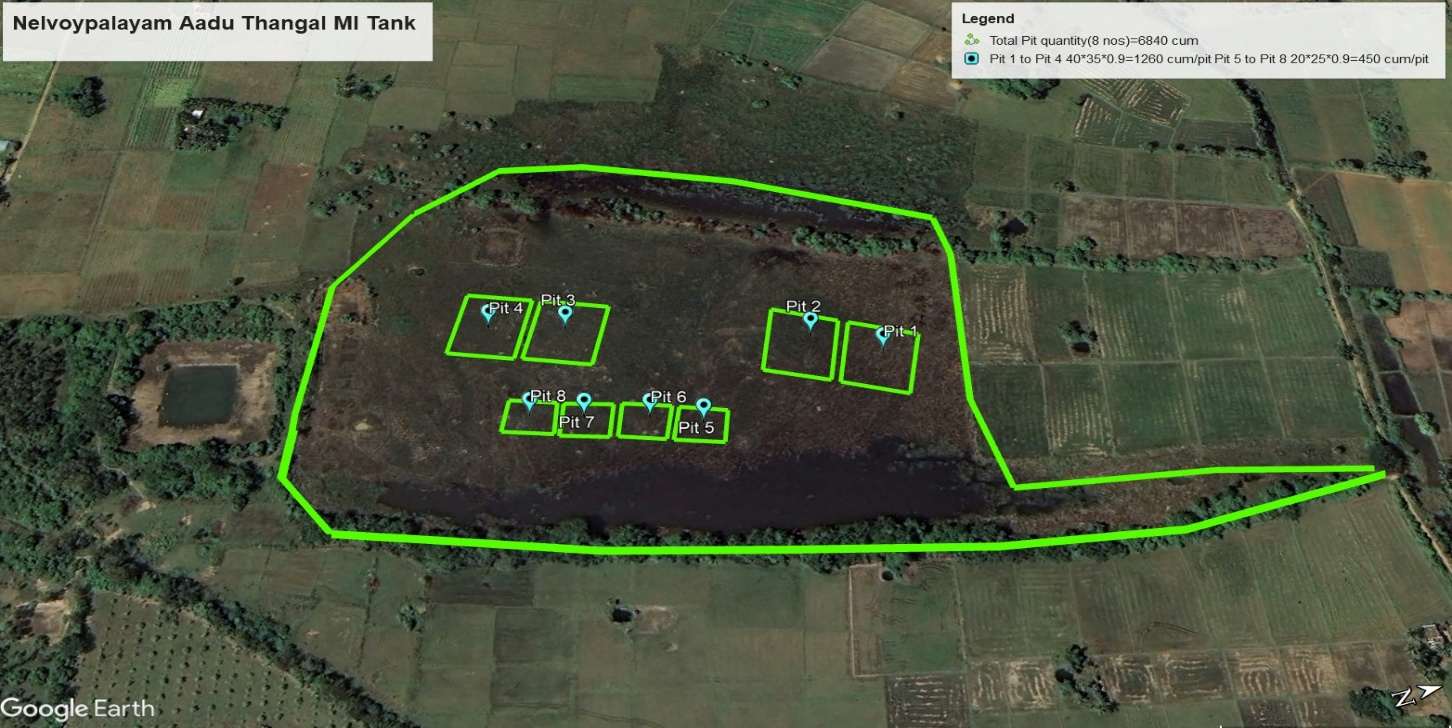 Satellite survey map with proposed desilting pits — Adu Thangal