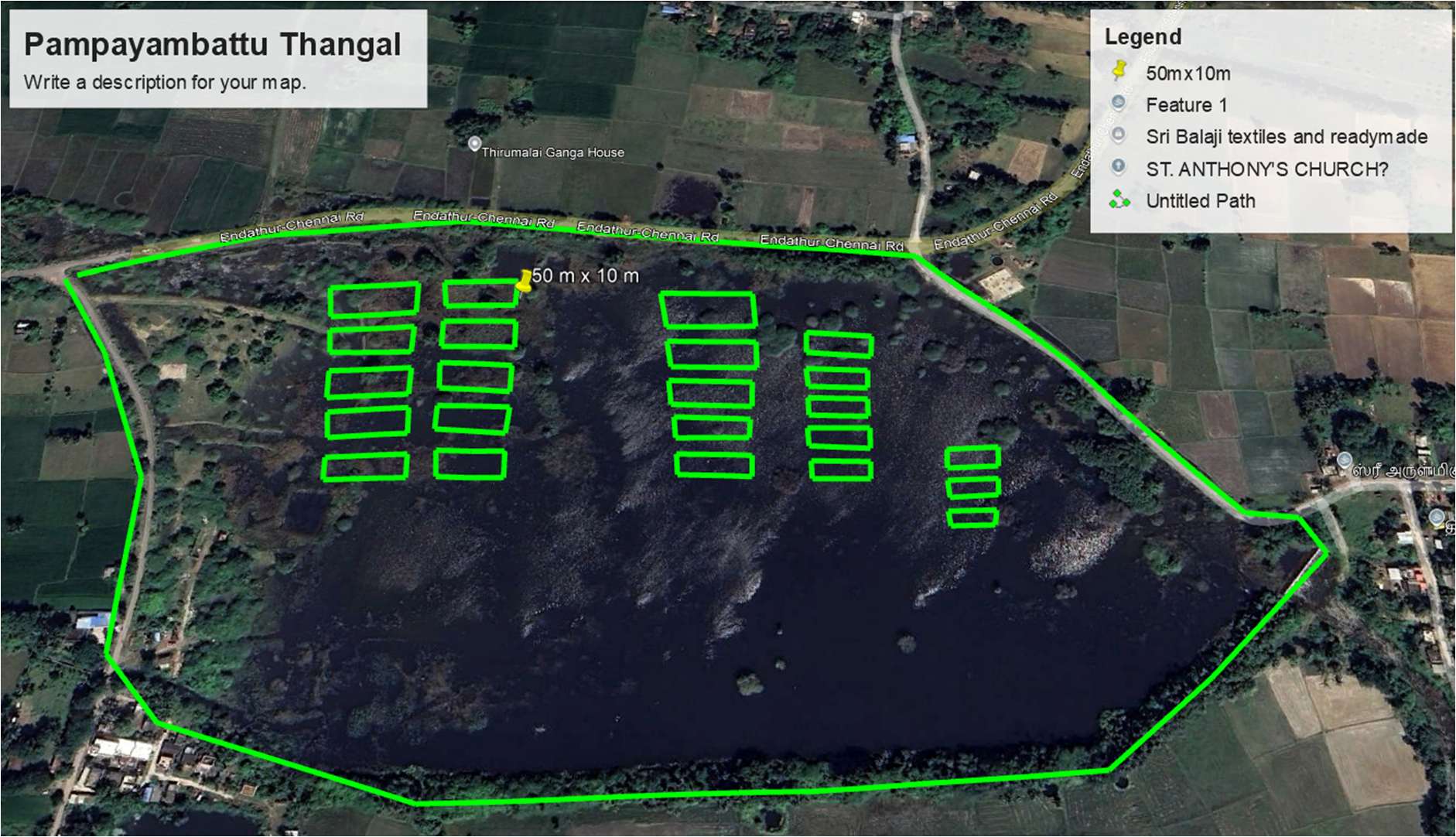 Satellite survey map with proposed desilting pits — Pampayampettu Thangal