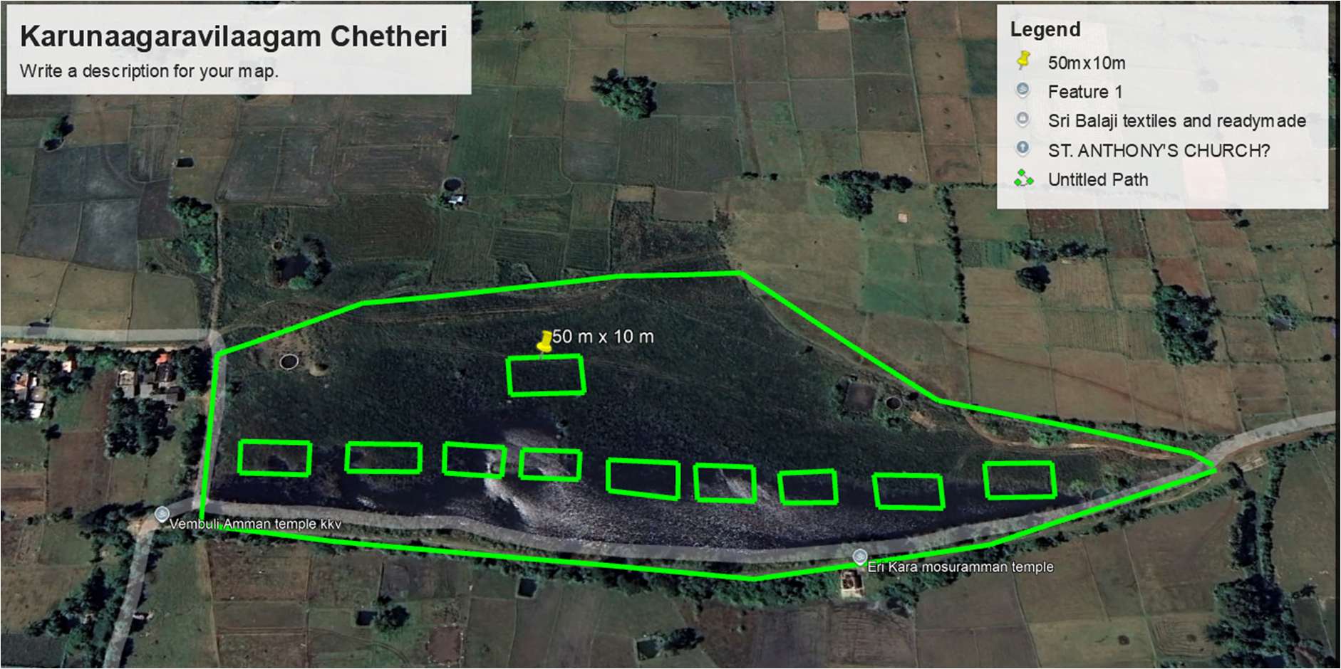 Satellite survey map with proposed desilting pits — Karunaagaravilaagam Chetheri