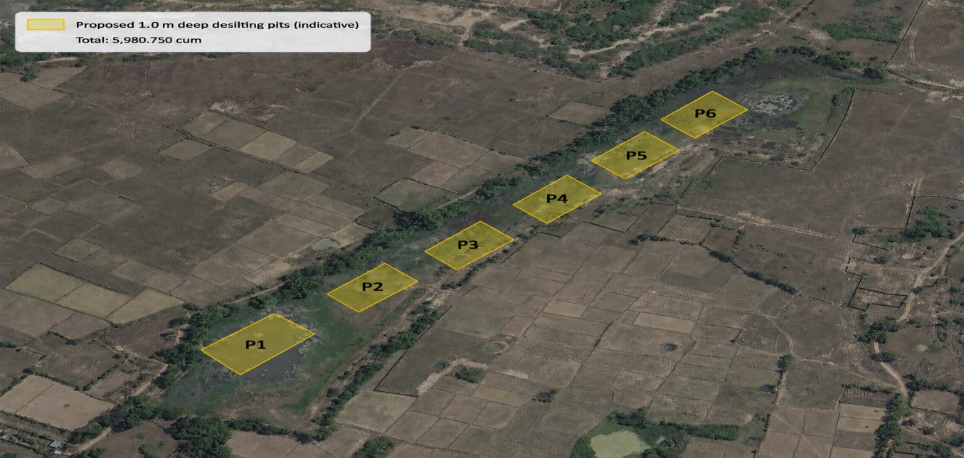 Satellite survey map with proposed desilting pits — Thiruvidanthai Jiyar Eri