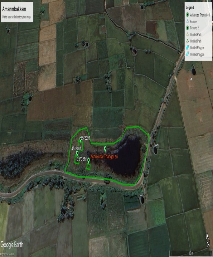 Satellite survey map with proposed desilting pits — Achukuttai Thangal Eri