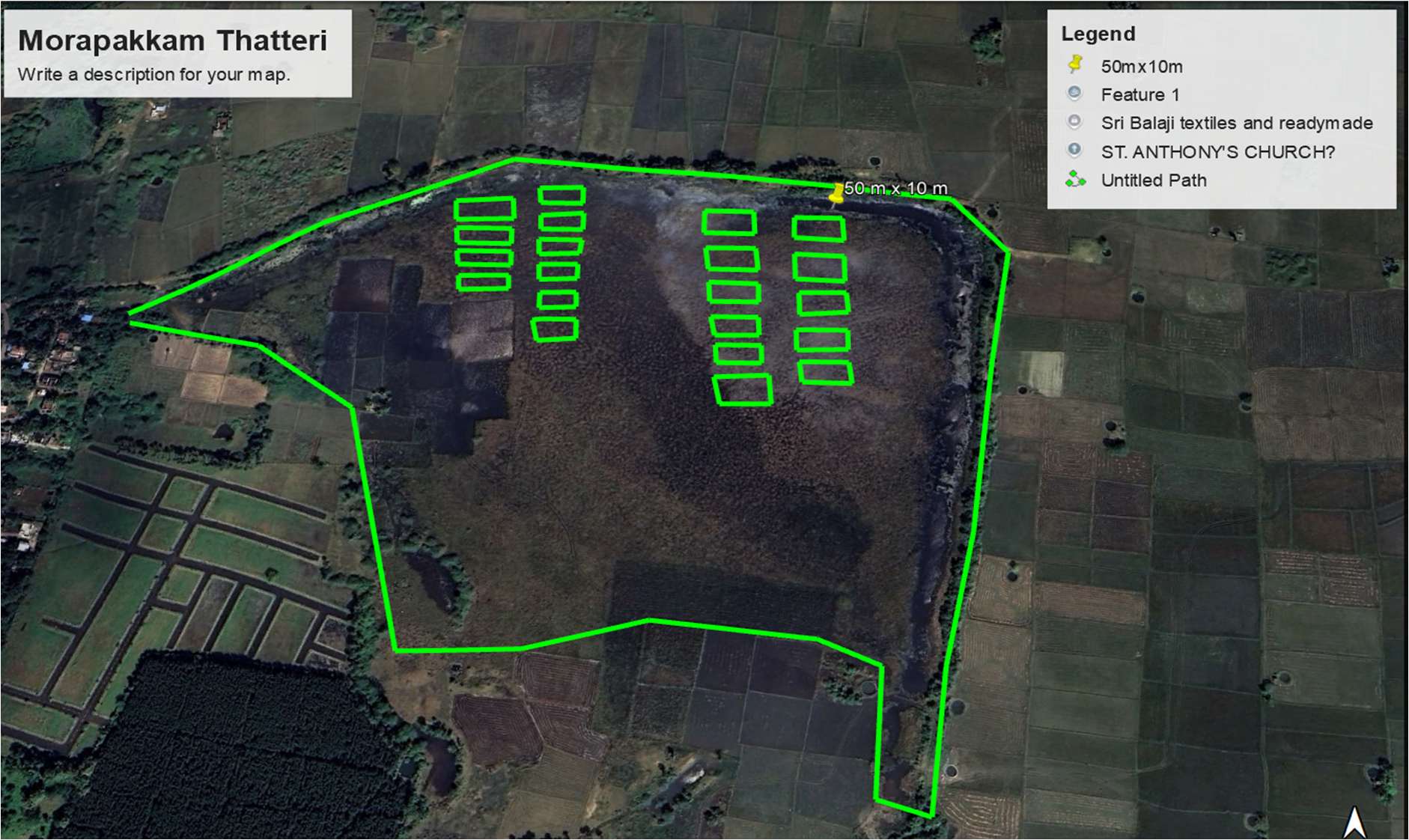 Satellite survey map with proposed desilting pits — Morapakkam Thatteri