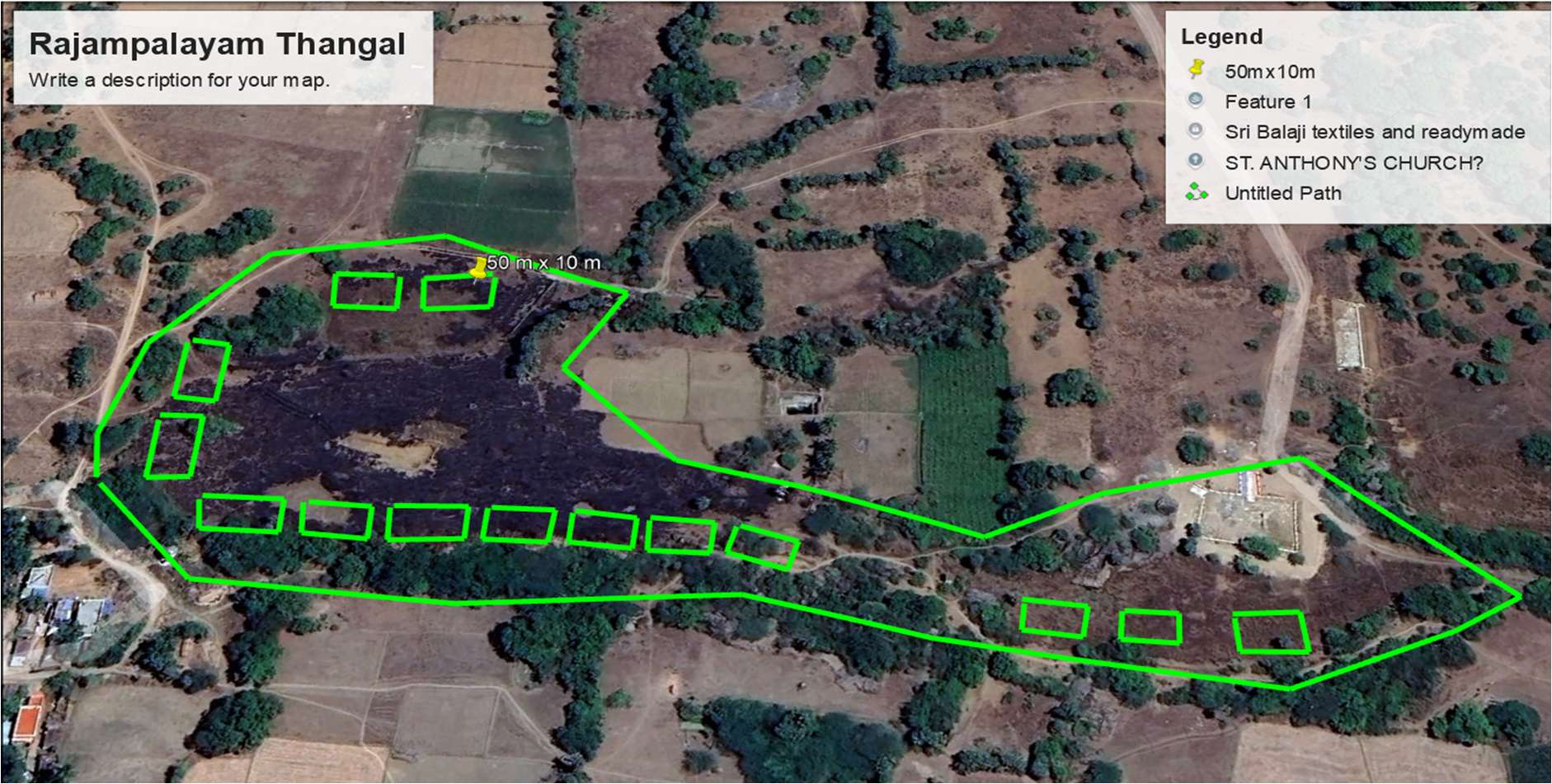 Satellite survey map with proposed desilting pits — Rajampalayam Thangal