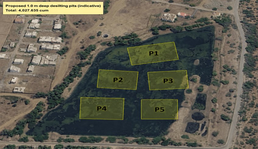 Satellite survey map with proposed desilting pits — Pudhu Eri