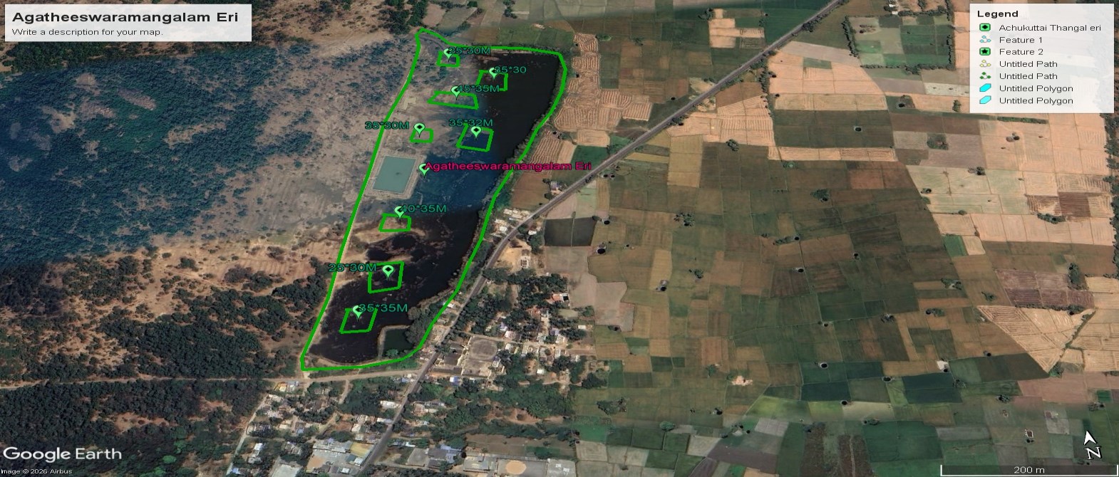 Satellite survey map with proposed desilting pits — Agatheeswaramangalam Eri