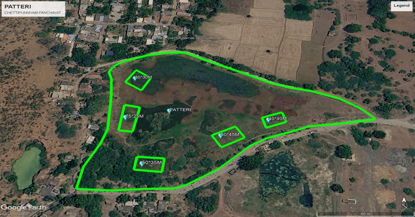 Satellite survey map with proposed desilting pits — Patteri Eri