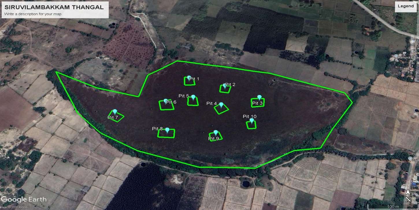 Satellite survey map with proposed desilting pits — Siruvilambakkam Periya Eri