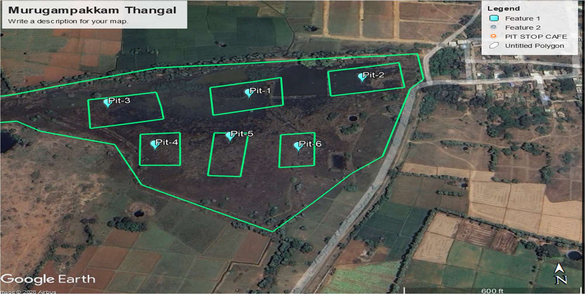 Satellite survey map with proposed desilting pits — Murugampakkam Thangal