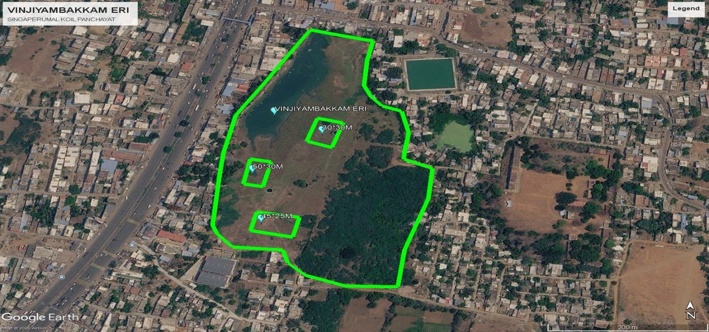 Satellite survey map with proposed desilting pits — Vinjiambakkam Eri