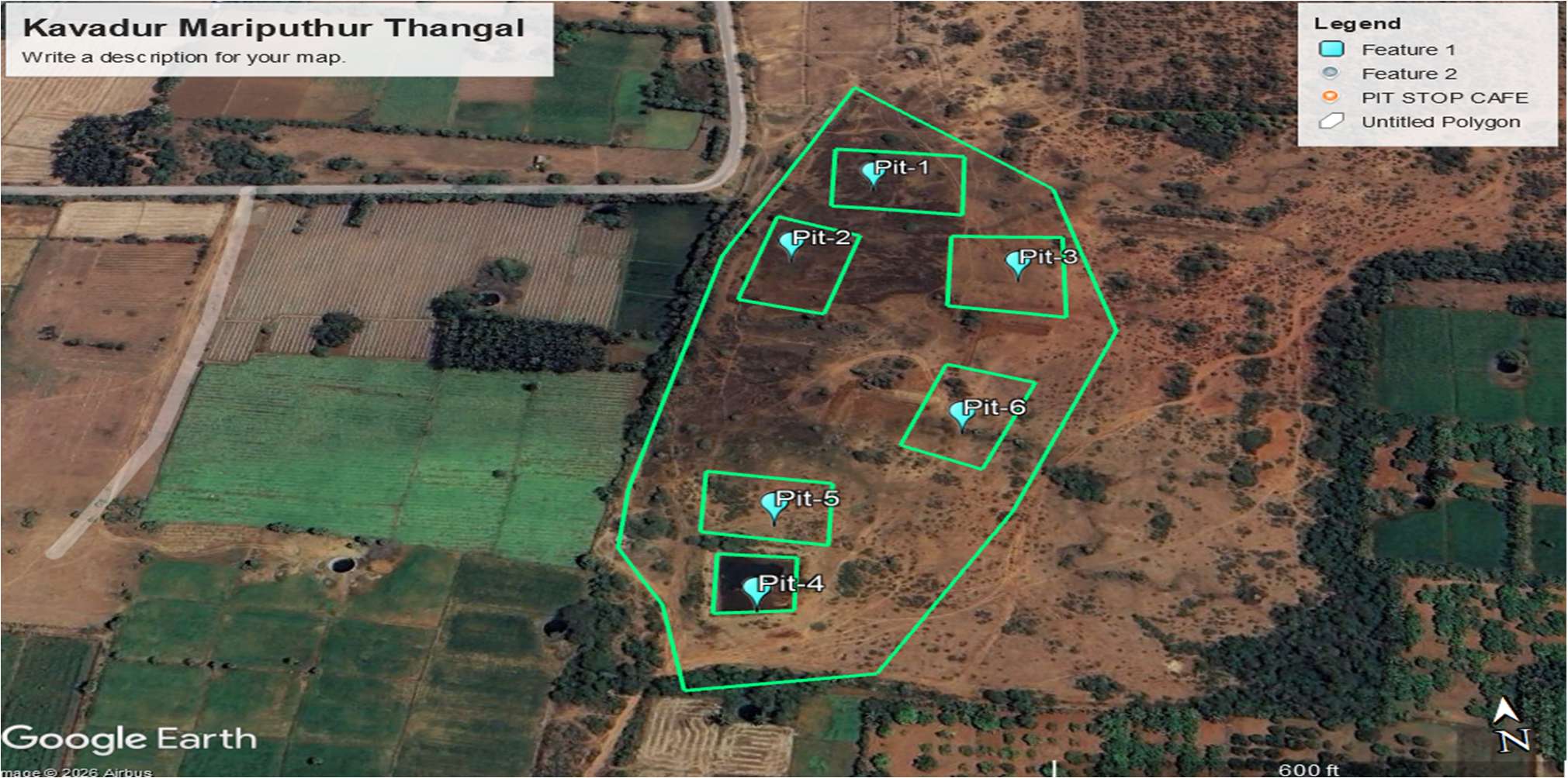Satellite survey map with proposed desilting pits — Mariputhur Thangal